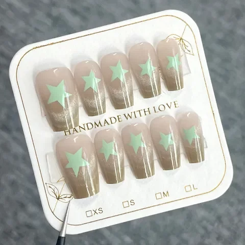 甲片假指甲穿戴甲绿色猫眼批nails渐变夏天美甲星星小清新法式短
