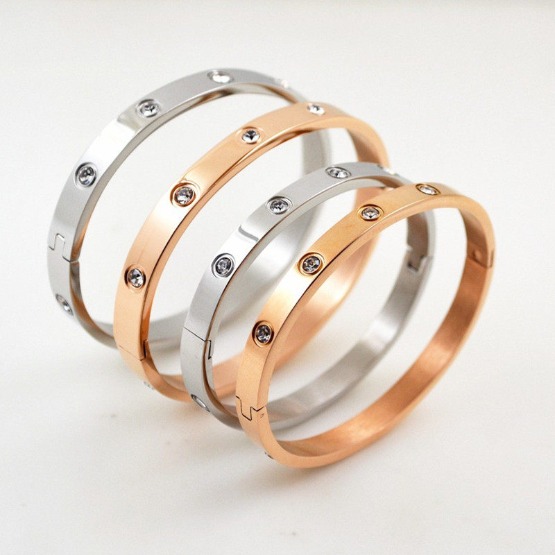 个性全钻内砂外光钛钢银色手镯子 日韩时尚男女情侣玫瑰金色手环