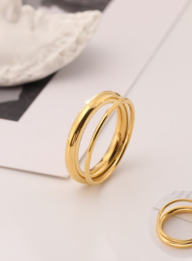 日韩双环钛钢玫瑰金戒指指环饰品