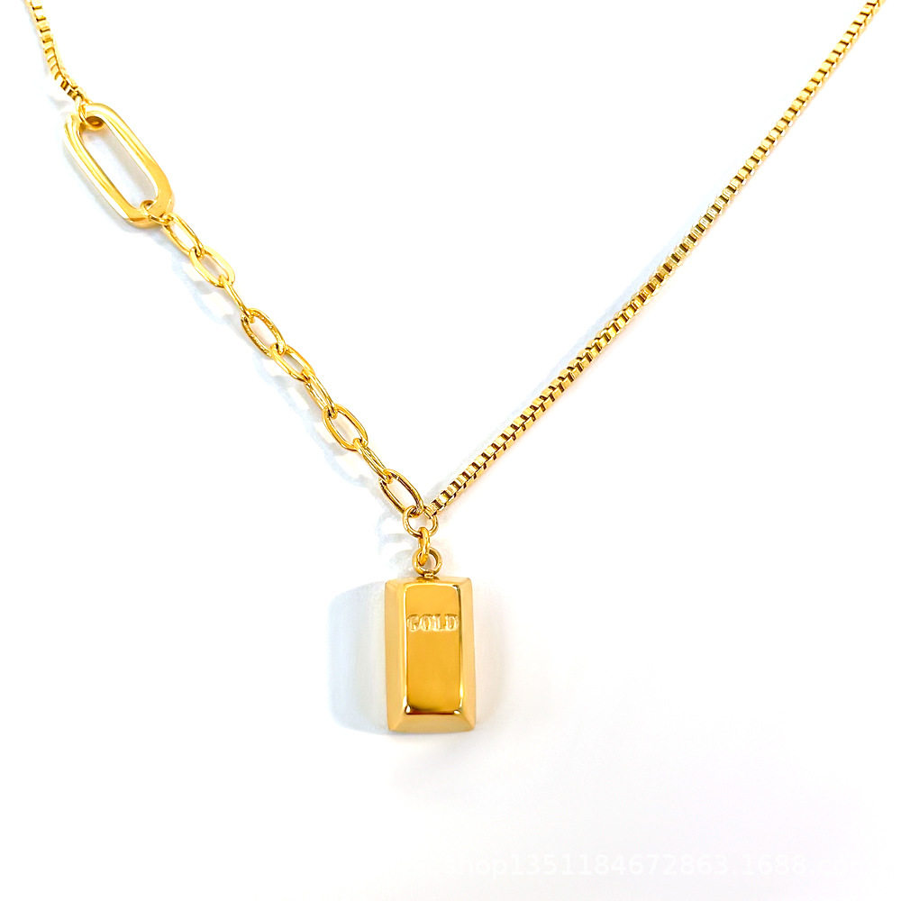 金块长方形吊坠钛钢金色项链 欧美简约质感女款不掉色锁骨链饰品