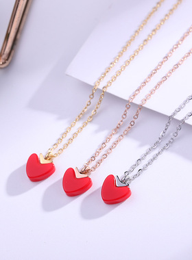 甜美红色爱心钛钢玫瑰金吊坠项链