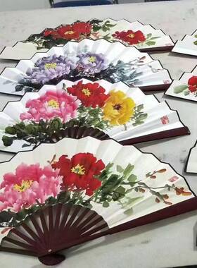 纯手绘牡丹扇10寸折扇绢布长度33厘米展开60厘米（随机发货）