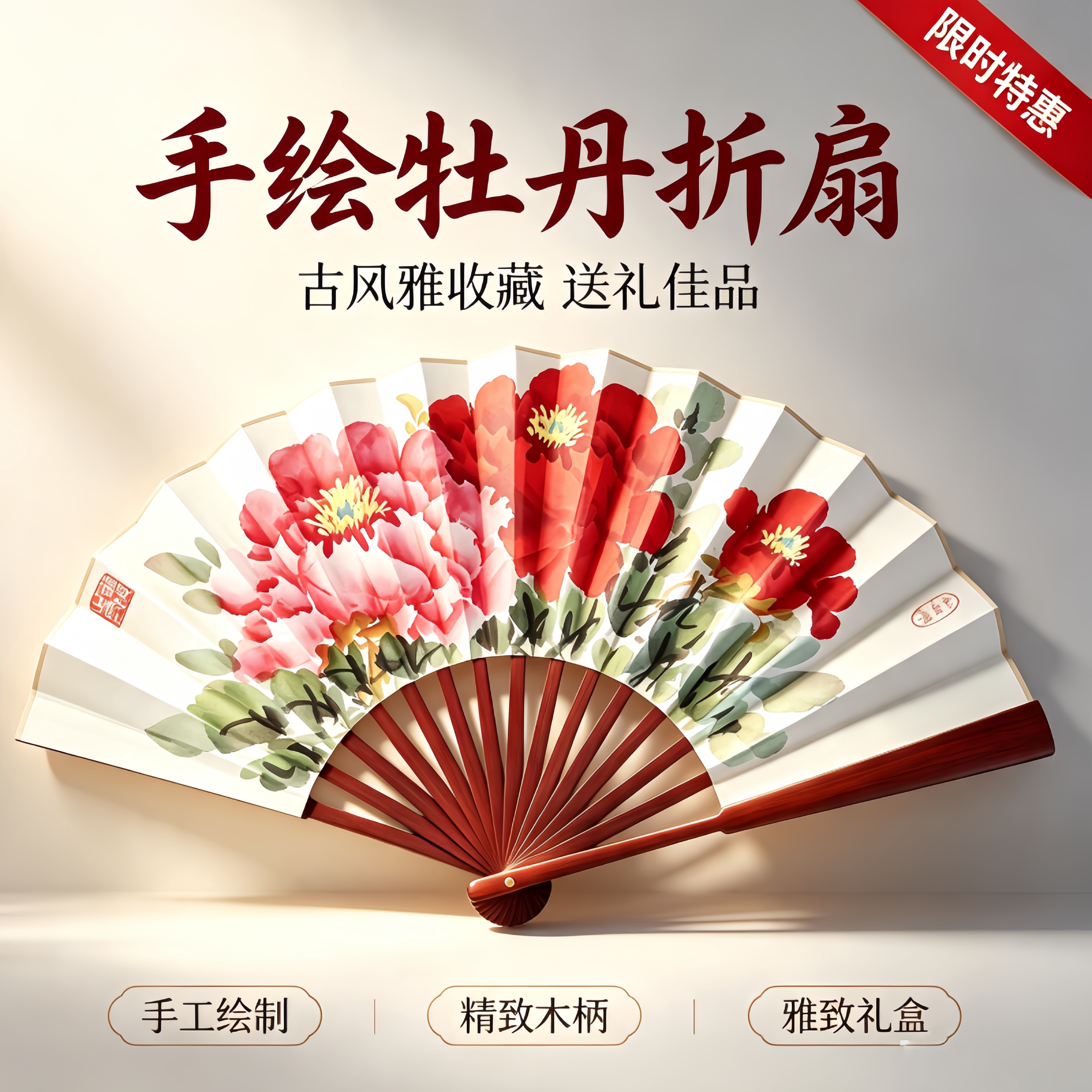 纯手绘牡丹花高档扇子绢面扇子折扇子
