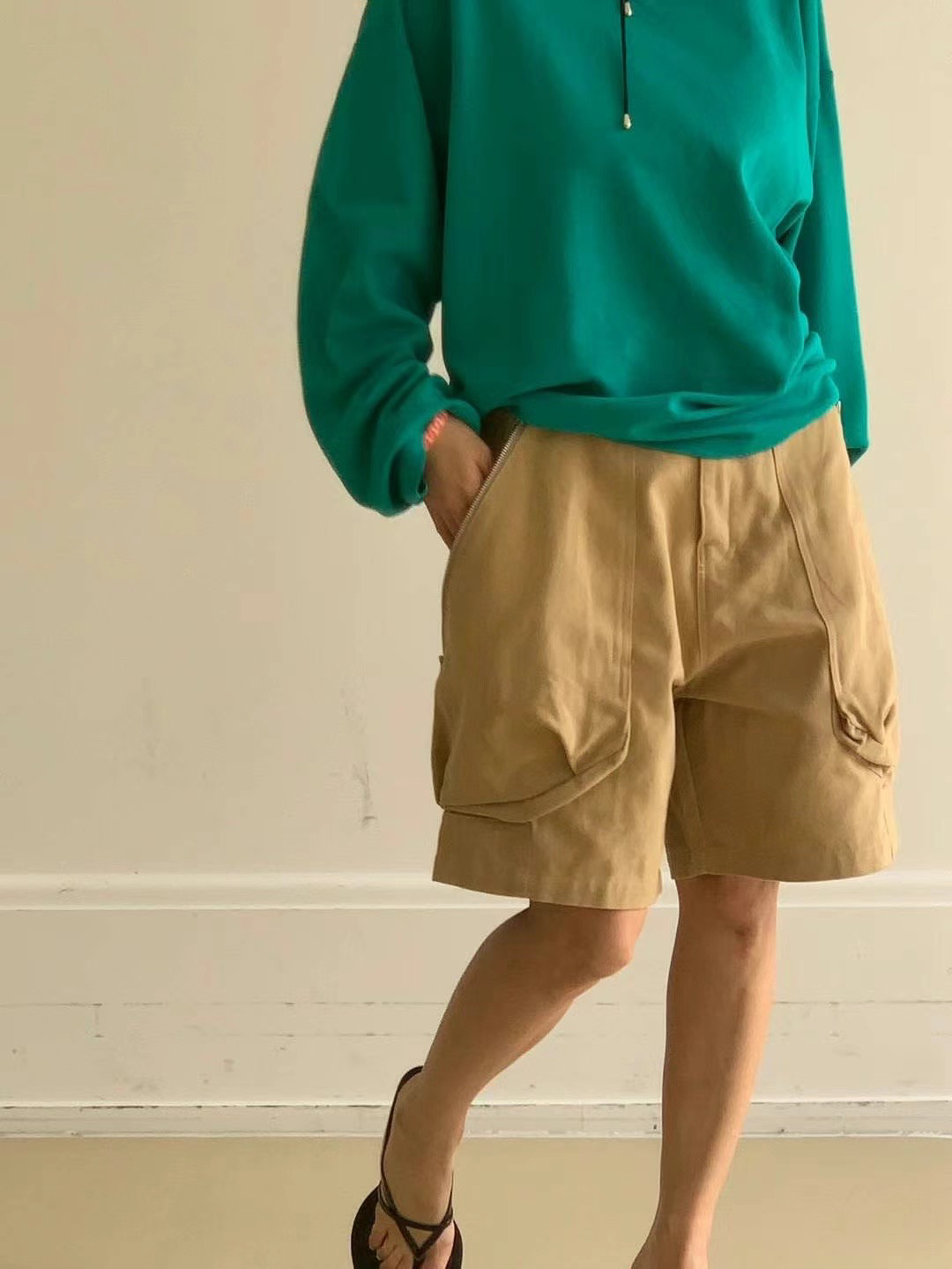 包邮PARIS MATCH韩国代购24夏季新款时髦高腰拉链工装宽松短裤女