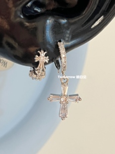 明日见 |十字架克罗芒星 爆闪镶钻十字架耳扣耳环耳圈设计感百搭