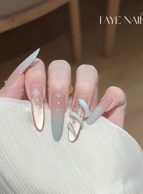 【小青】2025新款长纯手工穿戴甲高级薄荷绿蓝色渐变小蛇美甲显白