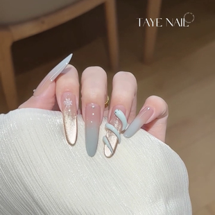 【小青】2025新款长纯手工穿戴甲高级薄荷绿蓝色渐变小蛇美甲显白