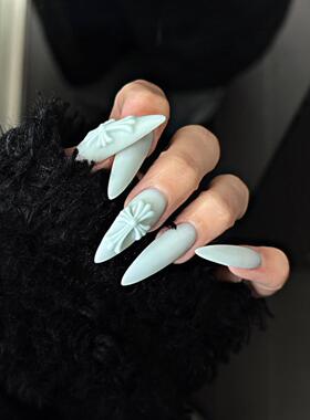 【冰雾蓝】纯手工穿戴甲中长款蓝色美甲磨砂哑光克罗心十字架辣妹