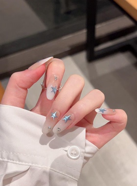 【冰川蓝】手工穿戴甲显白乳白渐变蓝色猫眼星星中长款美甲高级感