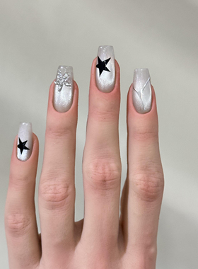 晶石猫眼纯手工穿戴甲黑色星星钻辣妹高级感甜酷学生美甲短款