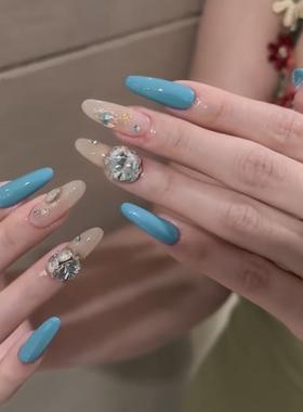 2025新款手工穿戴甲中长款蓝色美甲爆闪满钻显白纯欲风辣妹高级感