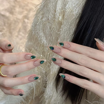 【孔雀开屏】手工穿戴甲祖母绿钻石美甲绿宝石显白高级感短中长款