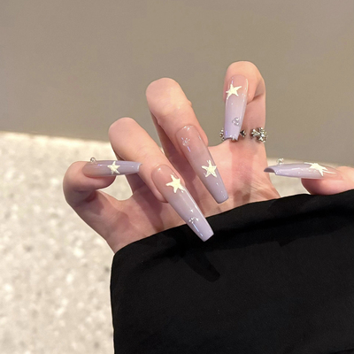 【紫韵】纯手工穿戴甲高级感紫色渐变中长款梯五角星显白美甲贴片