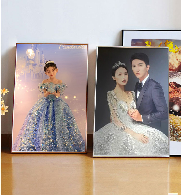 结婚 婚纱照片 3d立体水钻相框定制作床头 36/40寸 放大尺寸挂墙
