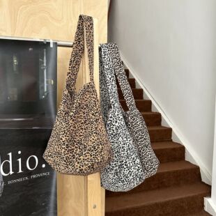 韩版秋冬款慵懒风质感豹纹布袋包包小众大容量单肩托特包购物袋潮