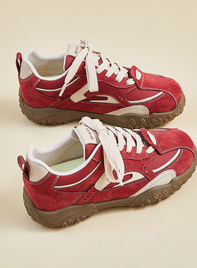 2025秋季新款红色德训鞋女厚底内增高休闲运动鞋百搭轻便阿甘鞋