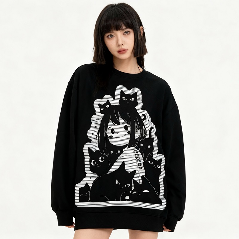 CZECOA原创宅萌可爱猫咪印花卫衣女生款圆领长袖加绒休闲宽松上衣
