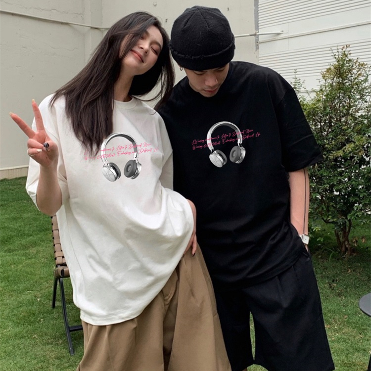 CZECOA潮牌原创耳机印花短袖T恤男女圆领宽松纯棉情侣半袖上衣ins
