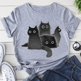 Cat Black 灰色短袖 shirt卡通毛绒黑猫印花男女同款 T恤学生上衣