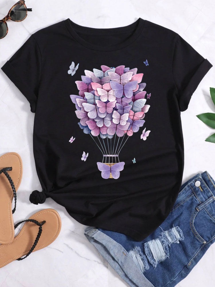 Hot Air BalloonT-shirt 夏季蝴蝶花朵热气球印花圆领