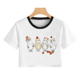 夏季 白T恤女 卡通猫咪印花短装 Cropped Tshirt Animal 露脐装 Cute