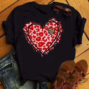 Red 红色豹纹爱心男女情侣短袖 个性 T恤衫 Heart shirt Leopard