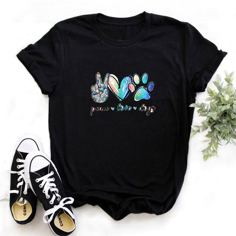 Dogs Paws Peace Love Dogs Tshirt 欧美热卖狗狗印花短袖黑色T恤