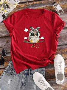 Cute Owl T shirt 超火卡通猫头鹰T恤夏季热卖男女士红色短袖T恤