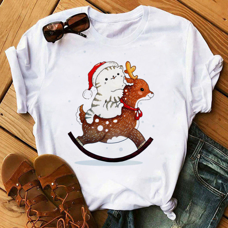 cute cat merry christmas tshirt  圣诞新款卡通猫咪驯鹿t恤短袖