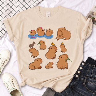 Shirt 个性 Capybara 卡通水豚印花圆领杏色T恤男女学生上衣体恤