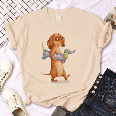 Dachshund T-Shirt 卡通腊肠犬狗狗印花男女圆领杏色T恤短袖上衣