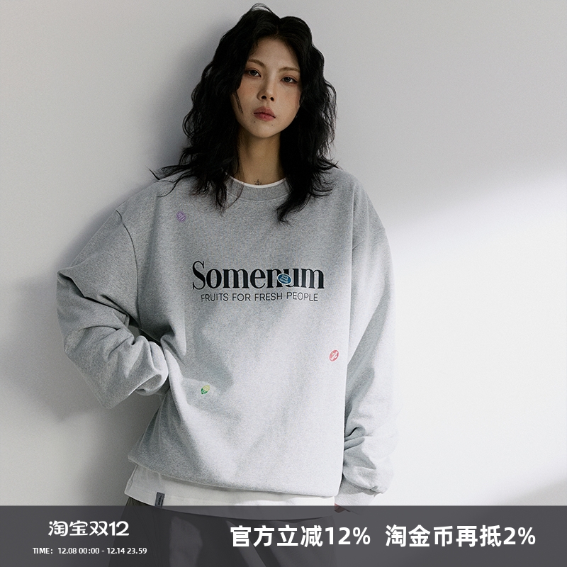 SOMENUM森林 24AW水果贴纸标签情侣秋冬男女字母LOGO圆领套头卫衣