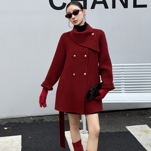 千金风围脖领系带双面毛呢大衣女中长款2025秋冬新款气质毛呢外套