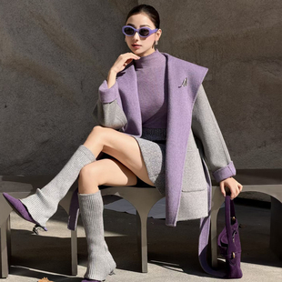 双面穿撞色连帽毛浴袍双面呢大衣女2025秋冬新款气质高级毛呢外套