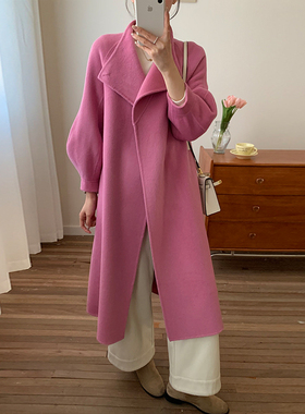 玫红色双面羊绒大衣女中长款2025秋冬新款高端系带气质羊毛呢外套