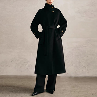 cold敌黑色双面羊绒大衣中长款 气质立领绵羊毛呢外套女 25秋冬新款
