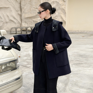 双面羊绒大衣女中长款2025秋冬新款可拆卸连帽围巾毛呢外套极简风
