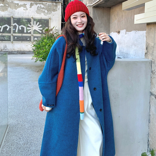 蓝色双面羊绒大衣女冬季新款高级感韩系大牌中长款牦牛绒毛呢外套