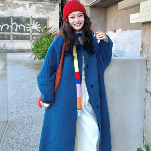 蓝色双面羊绒大衣女冬季新款高级感韩系大牌中长款牦牛绒毛呢外套