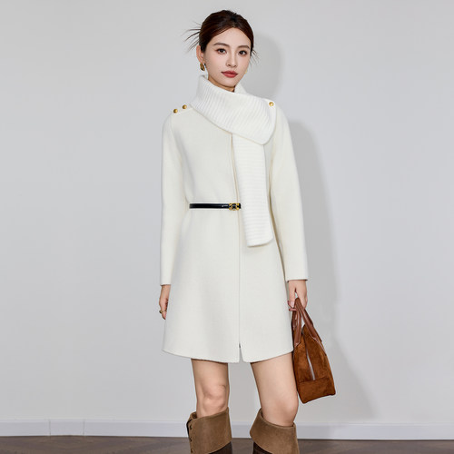 双面羊绒大衣女中长款2025秋冬新款小个子毛呢外套围脖设计可拆卸