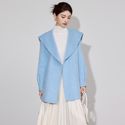 海军领双面羊绒大衣女中长款2025秋冬新款韩系气质小个子毛呢外套