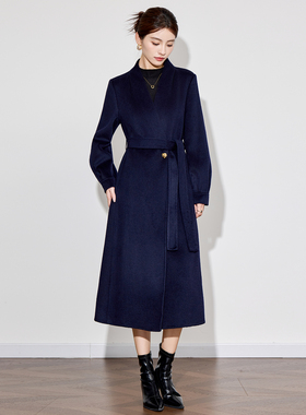 双面羊绒大衣女中长款2025秋冬新款藏蓝色赫本风气质修身毛呢外套
