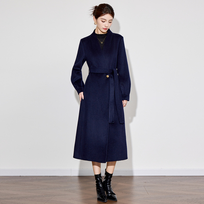 双面羊绒大衣女中长款2025秋冬新款藏蓝色赫本风气质修身毛呢外套