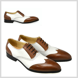 逸尘雅致高档商务正装真皮棕白双色拼色男士皮鞋
