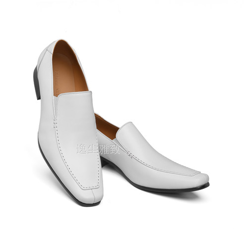 逸尘雅致高档商务正装白色鳄鱼方头系带搭扣套脚结婚男士皮鞋