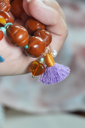 原创设计天然琥珀心形小坠手串diy配搭装饰花珀绿松石淡紫色珍珠