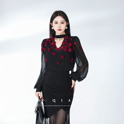 MD千亿【矜贵美人】2026春季法式氛围玫瑰花设显瘦长袖上衣