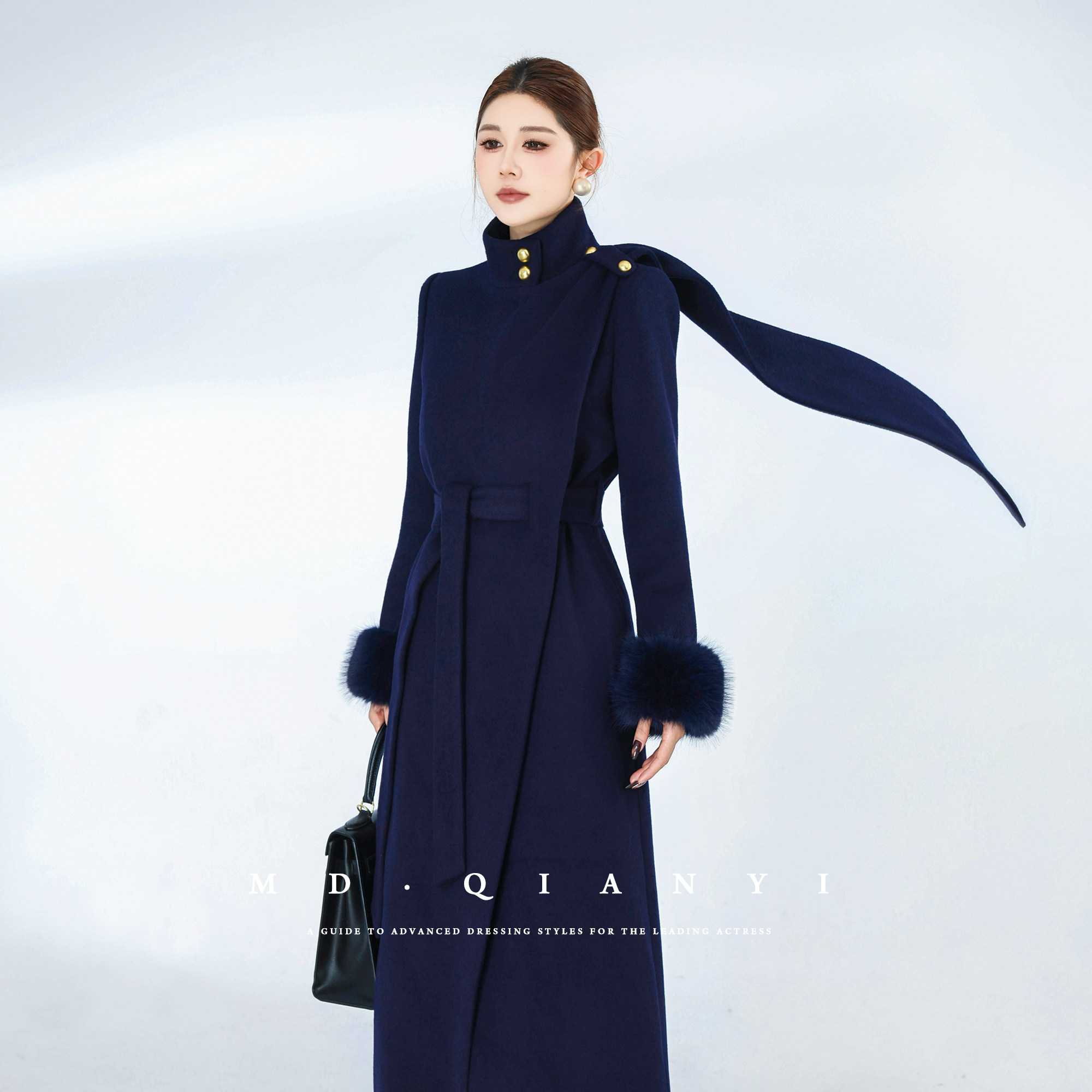 MD千亿【墨蓝珠光】2025冬季百搭女士长款时尚羊毛毛呢外套