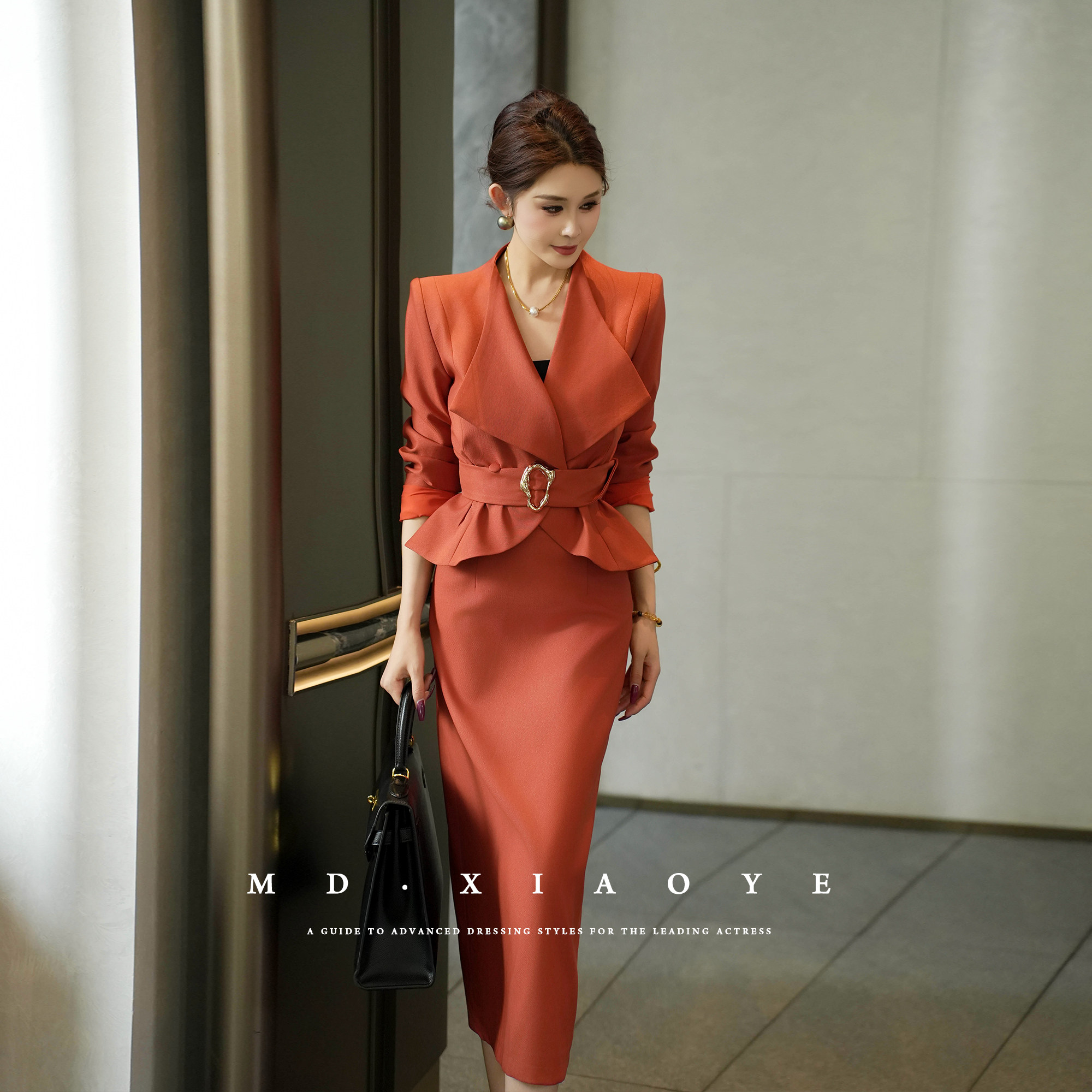 【MD千亿】简约收腰修身显瘦纯色西装外套半身裙时尚套装