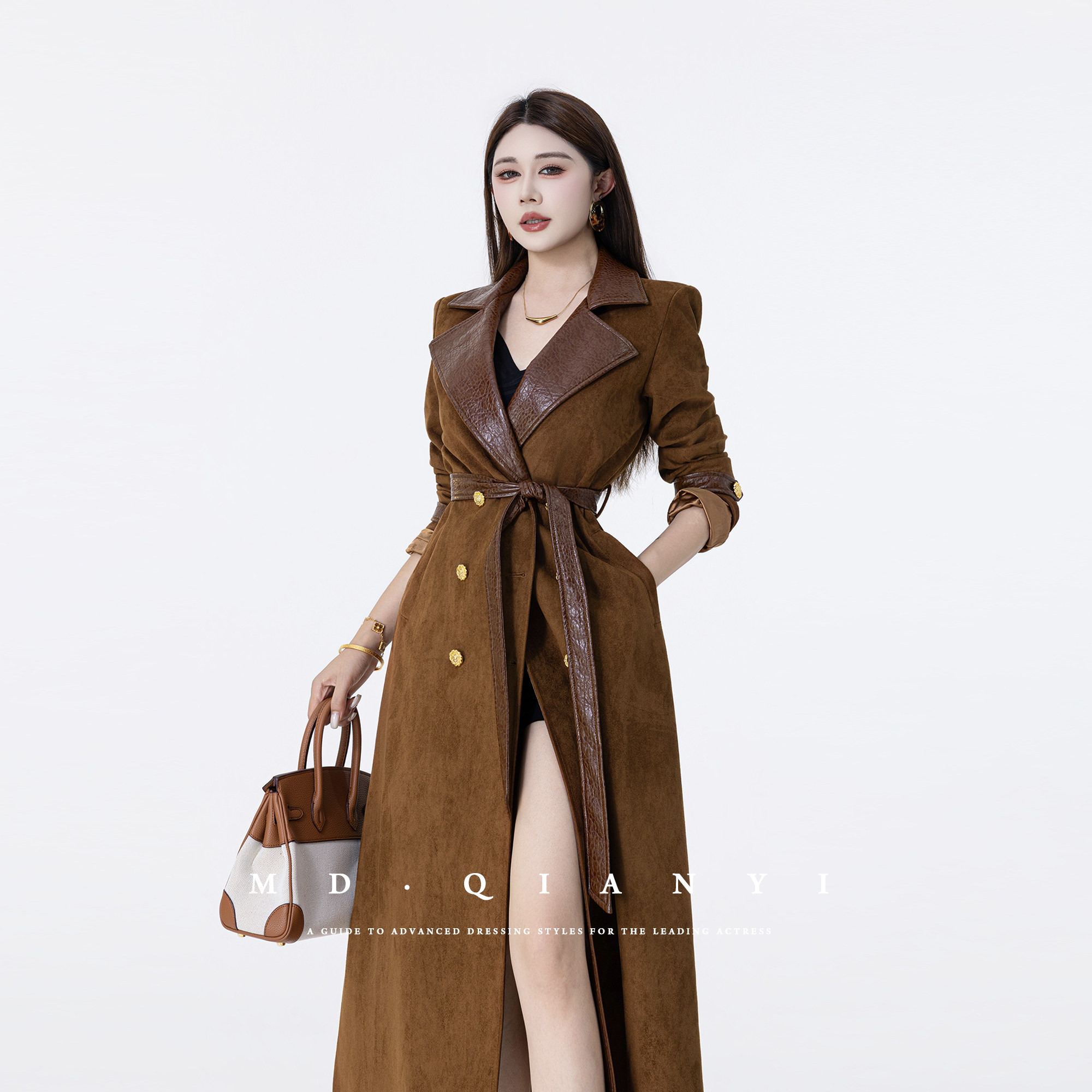 MD千亿风衣外套翻领双排扣系带女长款英伦优雅轻奢气质收腰显瘦